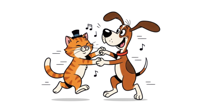 Cartoon cat and dog dancing with musical notes isolated PNG with Transparent Background