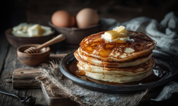 A stack of pancakes on a plate with butter and syrup, surrounded by ingredients like eggs, honey, and cream.