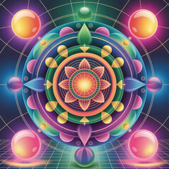 Colorful mandala with geometric shapes and glowing spheres, spiritual art