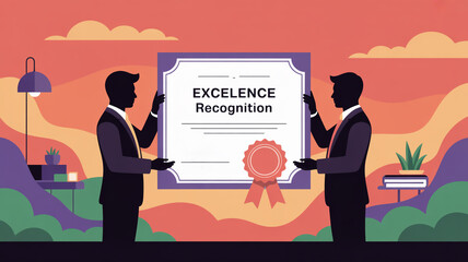 Two businessmen holding an excellence recognition certificate in the office