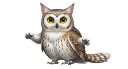 Funny hybrid animal illustration with owl and cat features isolated PNG with Transparent Background
