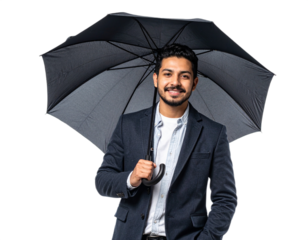 Smiling man holding an umbrella isolated on white background, transparent PNG