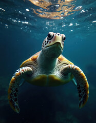 Fototapeta premium Pig-nosed turtle swims in deep blue ocean water. Aquatic reptile glides gracefully with flippers exploring underwater world. Small bubbles rise to surface.