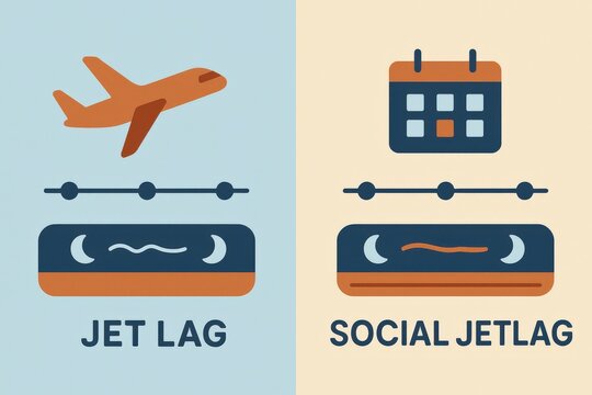 Visual representation contrasting jet lag and social jet lag with clear graphical elements depicting the impact of travel and social rhythms on human biology and sleep patterns