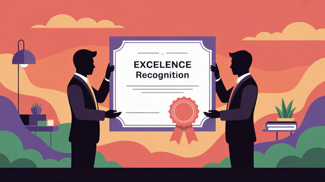 Two businessmen holding an excellence recognition certificate in the office