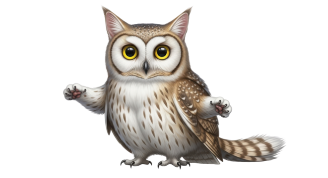 Funny cute cat-owl hybrid cartoon character isolated PNG with Transparent Background