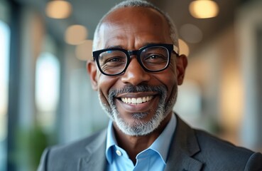 Smiling 45 year old African American man wears glasses and suit jacket. Mature professional businessman looks at camera with friendly expression. Confident executive poses in office.