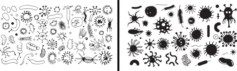 microbiology bacteria doodle set, science biology vector, germs and virus illustration, hand drawn micro organism art, microscopic biology elements, education science artwork, pathogen cartoon design,