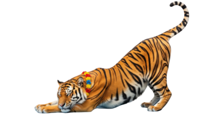 Stretching Bengal Tiger in a playful pose isolated PNG with Transparent Background