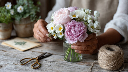 Hands arranging a floral bouquet in a rustic setting.