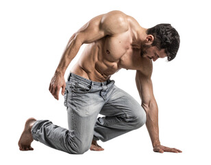 Muscular man kneeling down isolated on white background, transparent PNG