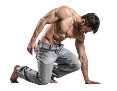 Muscular man kneeling down isolated on white background, transparent PNG