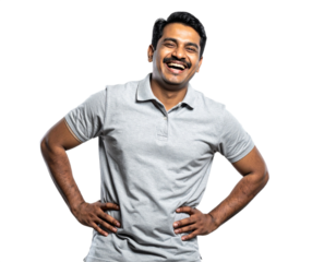 Happy Indian man with hands on hips isolated on white background, transparent PNG