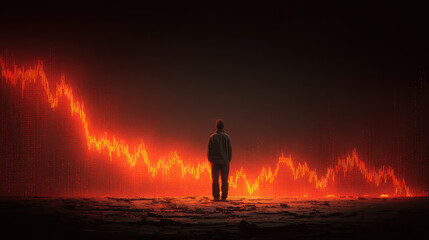 Man standing on rocky ground looking at large fluctuating red glowing graph lines against dark background with digital data points and charts in futuristic style