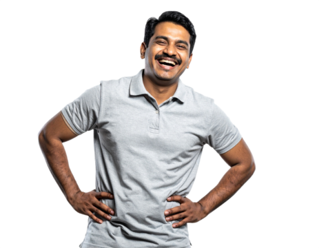 Happy Indian man with hands on hips isolated on white background, transparent PNG