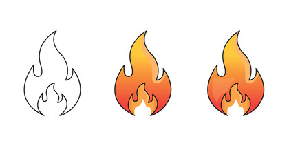 Minimalist Fire Icon Set – Outline, Flat Color, and Gradient Shadow Style | Vector Flame Illustration
