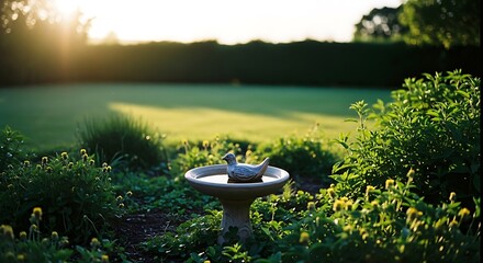 Birdbath in a lush garden bathed in golden sunlight at sunset.
