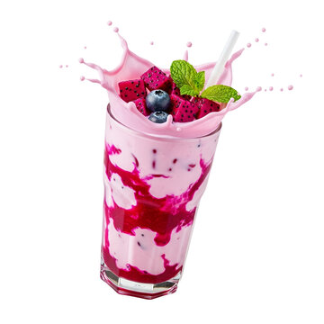 Vibrant dragon fruit and blueberry smoothie exploding with flavor and freshness in a glass with splash effect