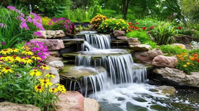 Tranquil garden waterfall cascading over stone tiers, surrounded by a colorful and vibrant floral landscape creating a peaceful backyard oasis