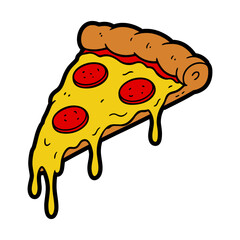 Cute cartoon pizza slice vector illustration isolated on white design with cheese and sausage meat meal