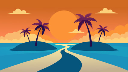 Obraz premium Stylized tropical island landscape with palm trees and a winding path at sunset
