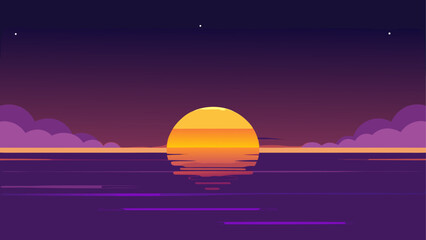 Vibrant sunset over the ocean with purple clouds and reflections