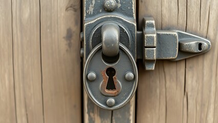 cynic. Antique prison door lock with rusted keyhole, heavy iron construction and patina on weathered wood. real-estate listings.