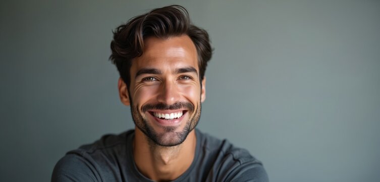 Man with dark hair and beard smiles brightly showing white teeth. His skin looks smooth and healthy. He wears a gray t-shirt. Portrait captured in studio lighting.