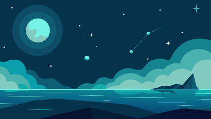 Calm night landscape with moon stars and ocean reflection
