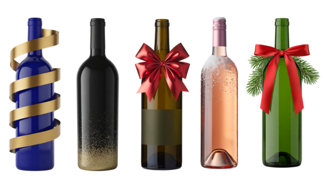 Festive wine bottles dressed up with ribbons and bows for holiday gifting, showcasing a variety of elegant wine gift presentations for upscale celebrations and seasonal events