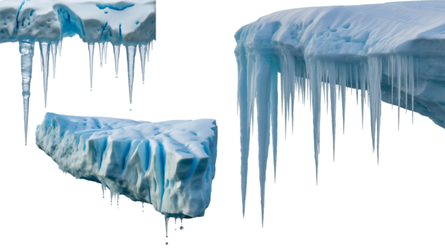 Majestic ice formations with sharp icicles, perfect for conveying winter's chill, climate change concepts, or arctic landscapes, adding a touch of frozen beauty to any design or presentation