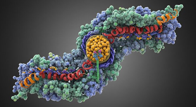 生命を構成する複雑な高分子構造の美しい3D表現 色鮮やかな各要素が明確な光で細部まで強調されている. AI Generated