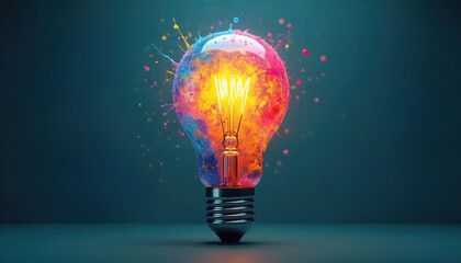 Colorful lightbulb with vibrant paint splash, glowing filament on blue background. Bright idea concept with creative explosion of colors, energy. Illuminated bulb innovation, imagination on dark teal