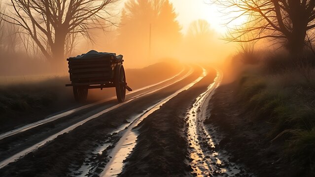 oxcart. Deep muddy ruts on a country path with an ancient oxcart moving through mist. mobility guides, transit brochures, designed for mobility and urban transit guides, used by professors.