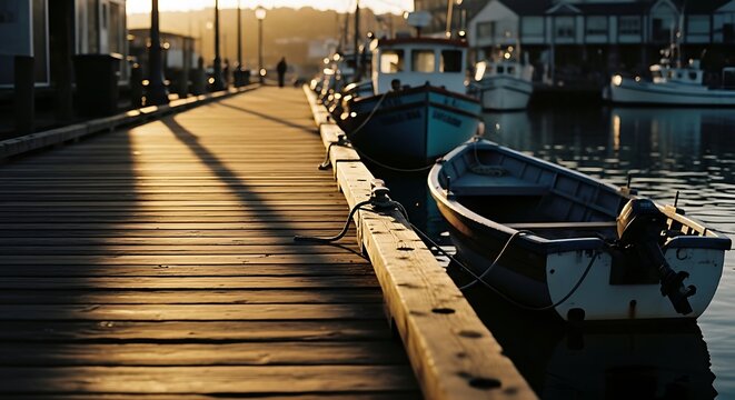 Boats Moored on a Wooden Dock at Sunset.