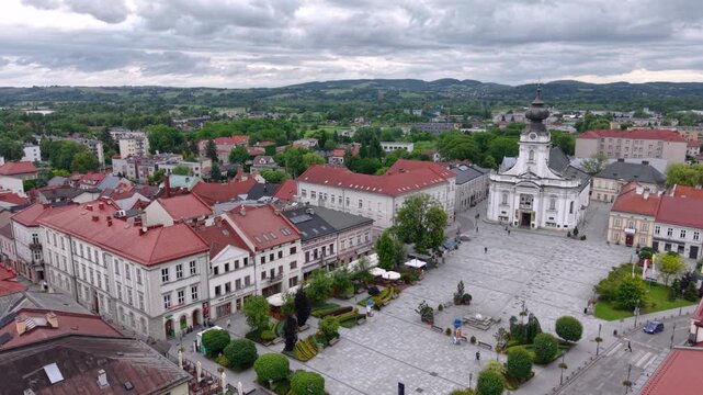 Market Square in Wadowice with the Basilica of the Presentation of the Blessed Virgin Mary in Poland.
