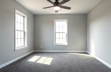Obraz premium Bright empty room with two windows and ceiling fan. Sunlight streams across carpeted floor, illuminating clean, vacant living space. Modern interior design shows neutral gray walls and white trim.