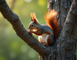 Red squirrel eats nut on tree branch. Small rodent with fluffy tail sits on bark. Wildlife animal in green forest background, natural habitat, looking for food.