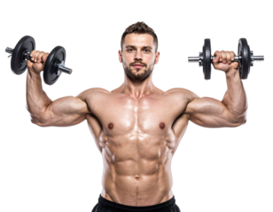 Man lifting weights isolated on white background, transparent PNG