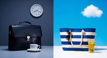 Conceptual image contrasting a stressful corporate job with a relaxing summer beach vacation representing work life balance