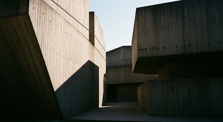 Brutalist concrete architecture with strong shadows and geometric shapes under a clear sky.