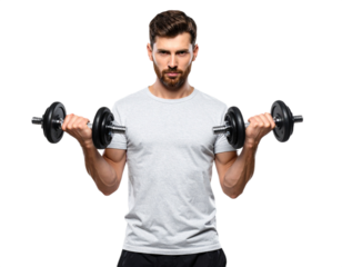 Man lifting weights isolated on white background, transparent PNG