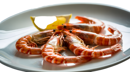 Fresh grilled prawns served on a white plate with a lemon wedge garnish on transparent background