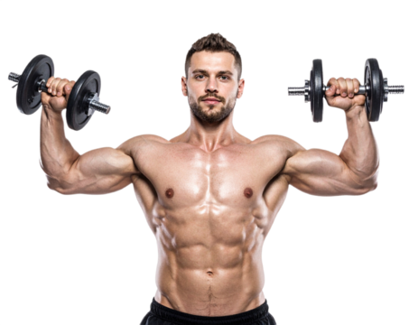 Man lifting weights isolated on white background, transparent PNG