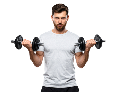 Man lifting weights isolated on white background, transparent PNG