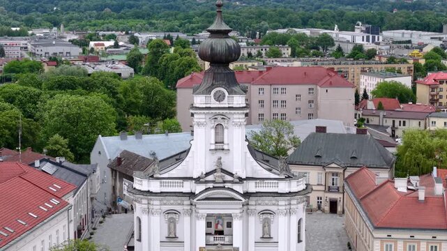 Market Square in Wadowice with the Basilica of the Presentation of the Blessed Virgin Mary in Poland.