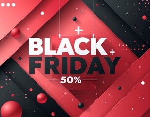 Abstract geometric background for a major retail promotion with dynamic red layers and floating spheres