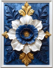 Artistic midnight blue floral sculpture with gold embellishments high resolution picture