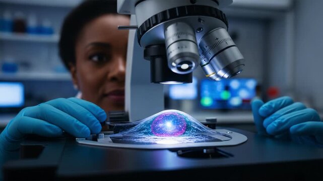 A Scientist's Fascination with Microscopic Discoveries: The Study of an Enigmatic and Vibrant Specimen Under the Lens of a Microscope in a High-Tech Laboratory Setting