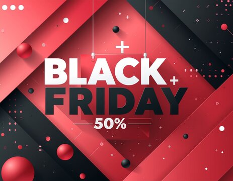 Abstract geometric background for a major retail promotion with dynamic red layers and floating spheres - Powered by Adobe